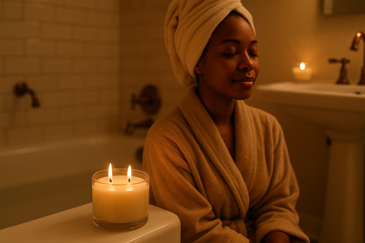 2 wick glass candle burning by a bathtub with black women in a robe and towel wrapped around her head