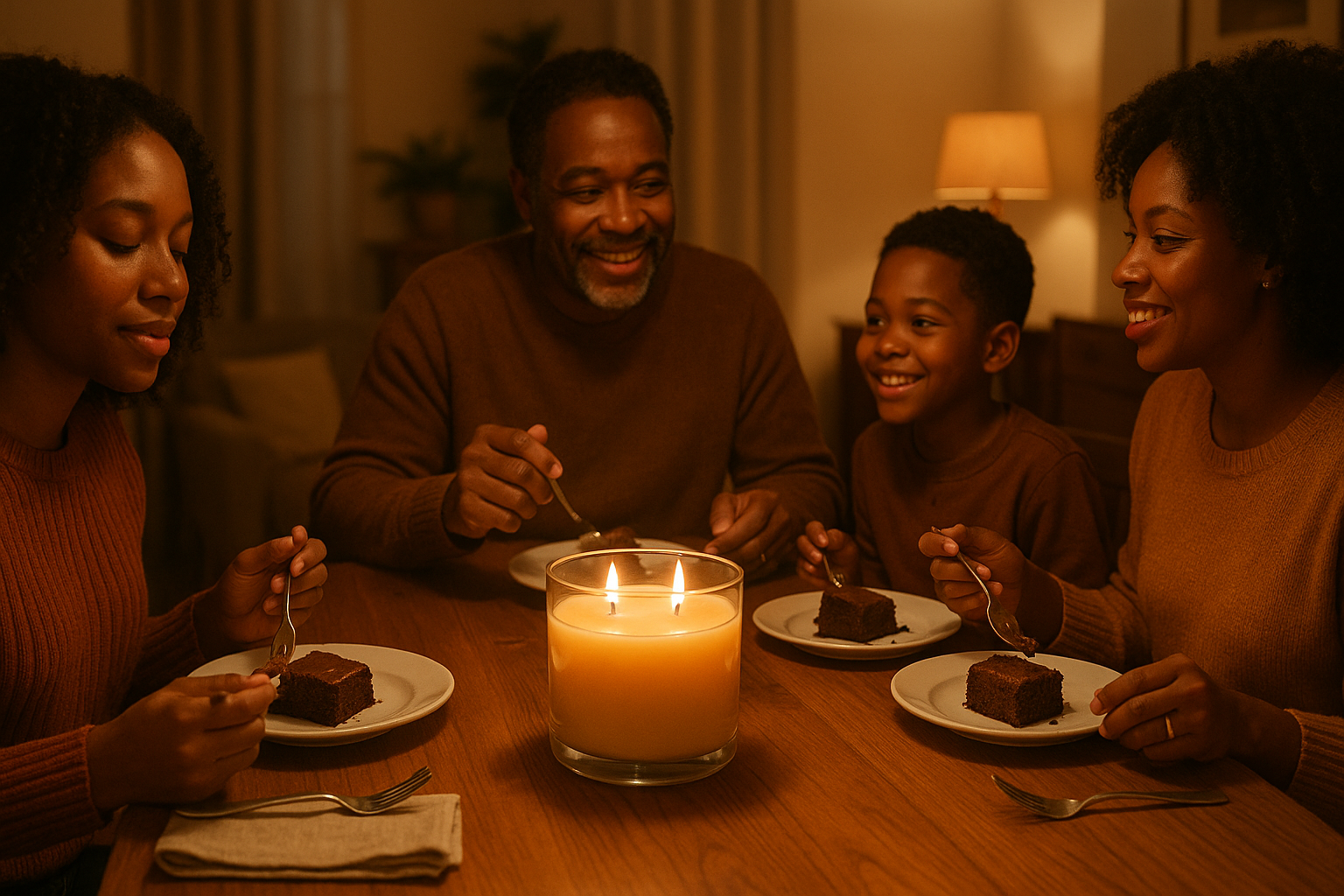 2 wick glass candle burning on a dining room table while black people eat chocolate