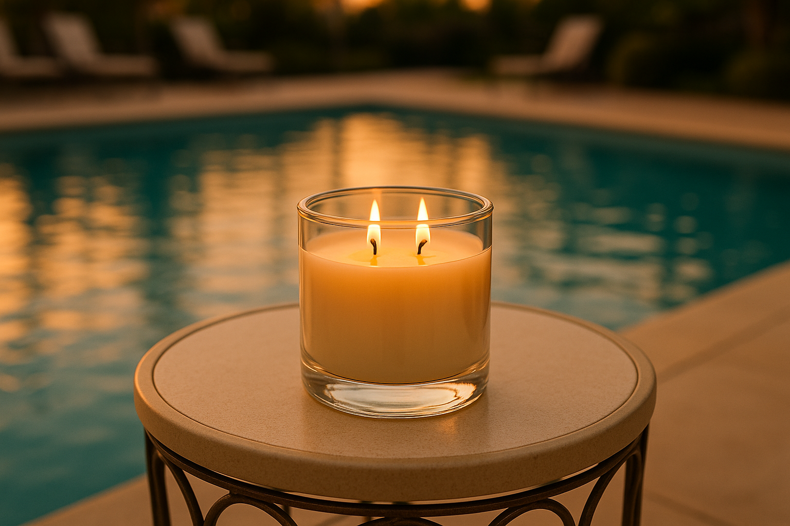 2 wick glass candle jar on a poolside table with a pool in the background