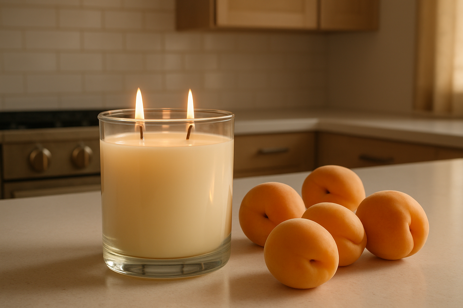 2 wick glass candle on a kitchen counter next to apricots 