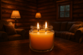 2 wick glass jar candle burning in a cozy cabin 