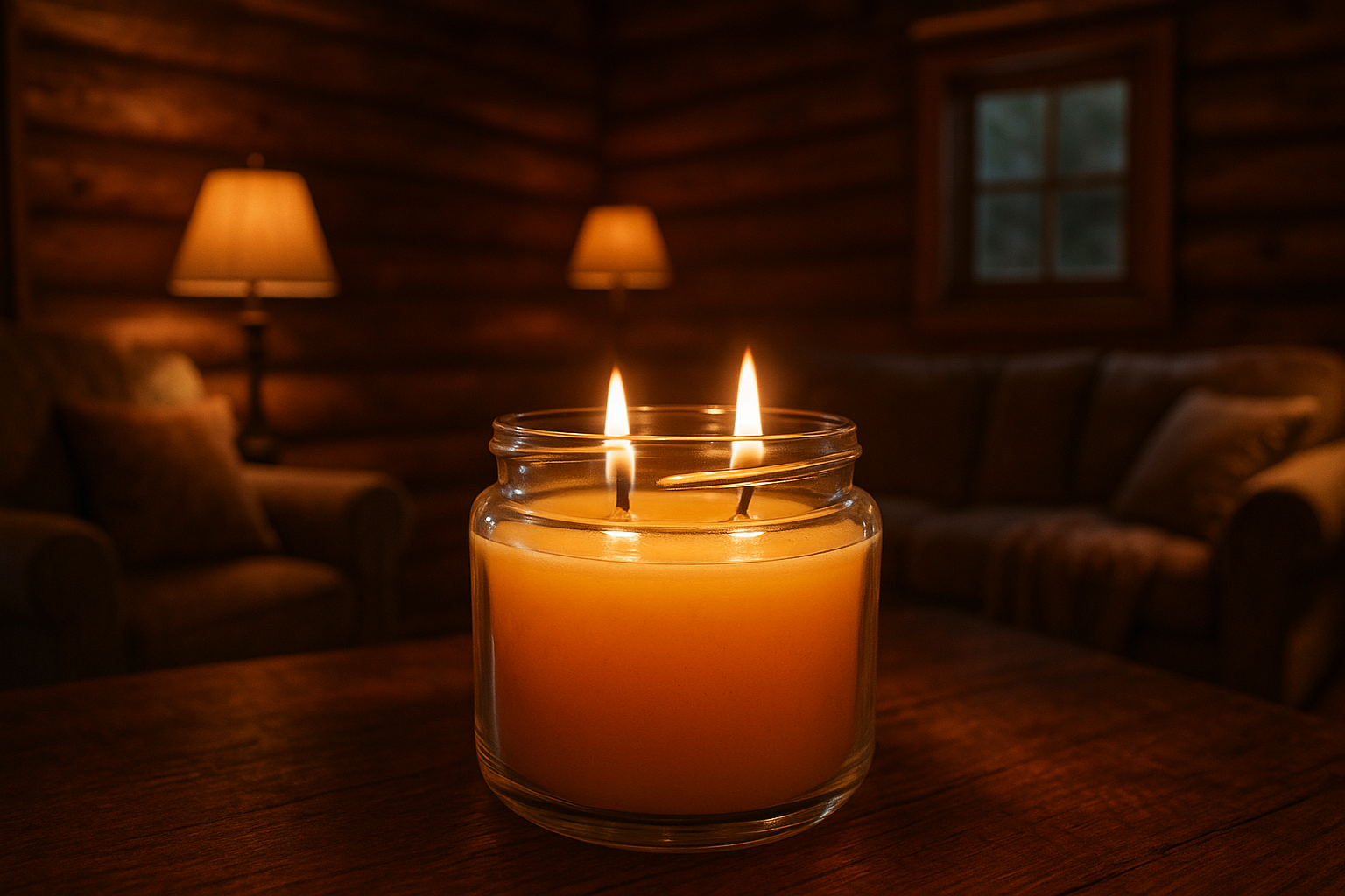 2 wick glass jar candle burning in a cozy cabin 