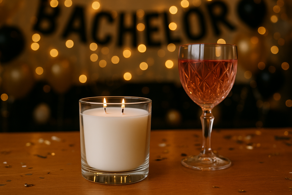 2 wick white candle in glass jar not burning at a bachelor party next to a pink wine glass