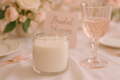 2 wick white candle in glass jar not burning sitting bridal shower setting next to a pink wine glass