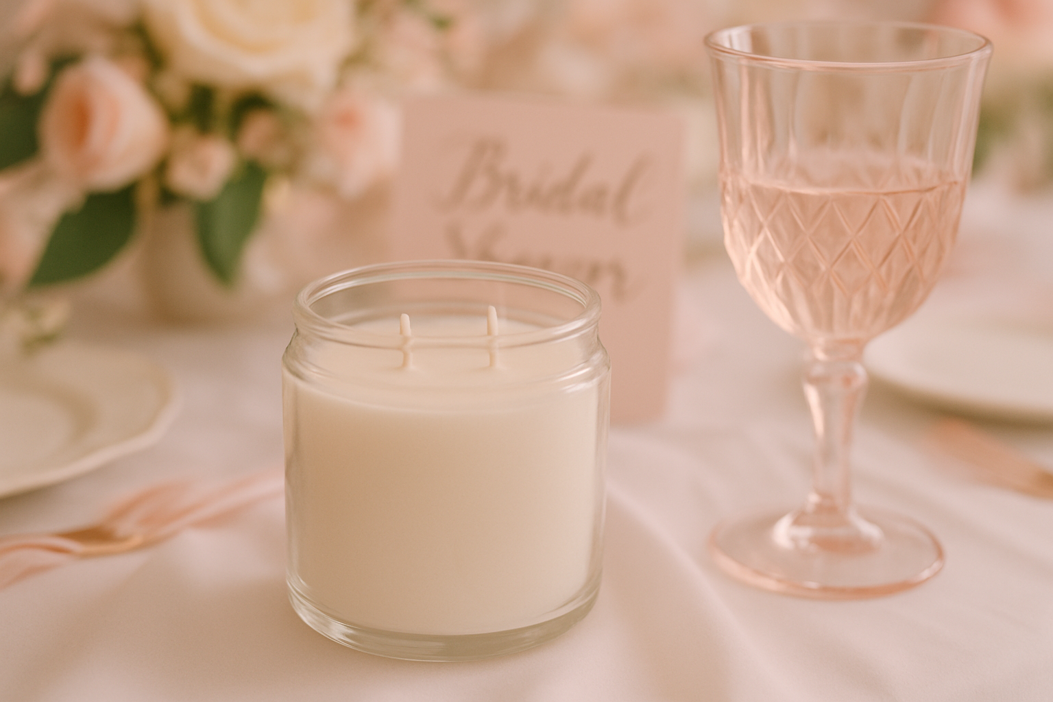 2 wick white candle in glass jar not burning sitting bridal shower setting next to a pink wine glass