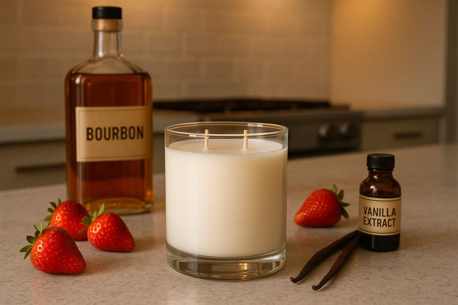 2 wick white candle in glass jar not burning sitting on kitchen counter next bourbon  strawberries and vanilla 