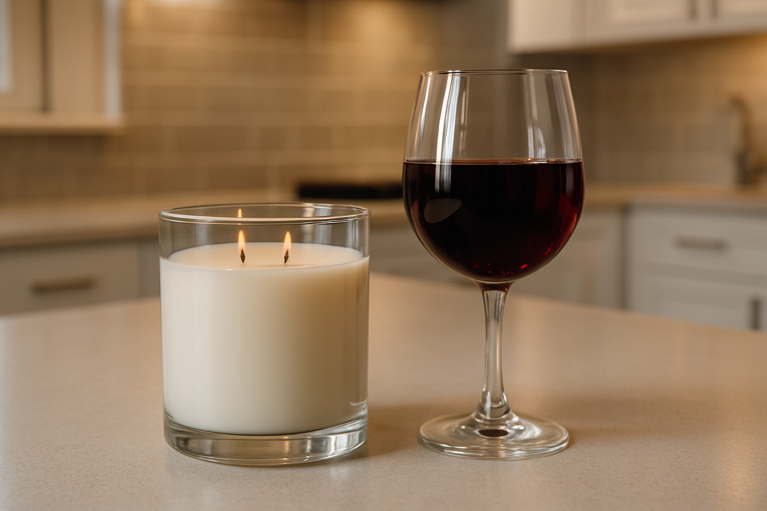 2 wick white candle in glass jar not burning sitting on kitchen counter with a glass of merlot next to it