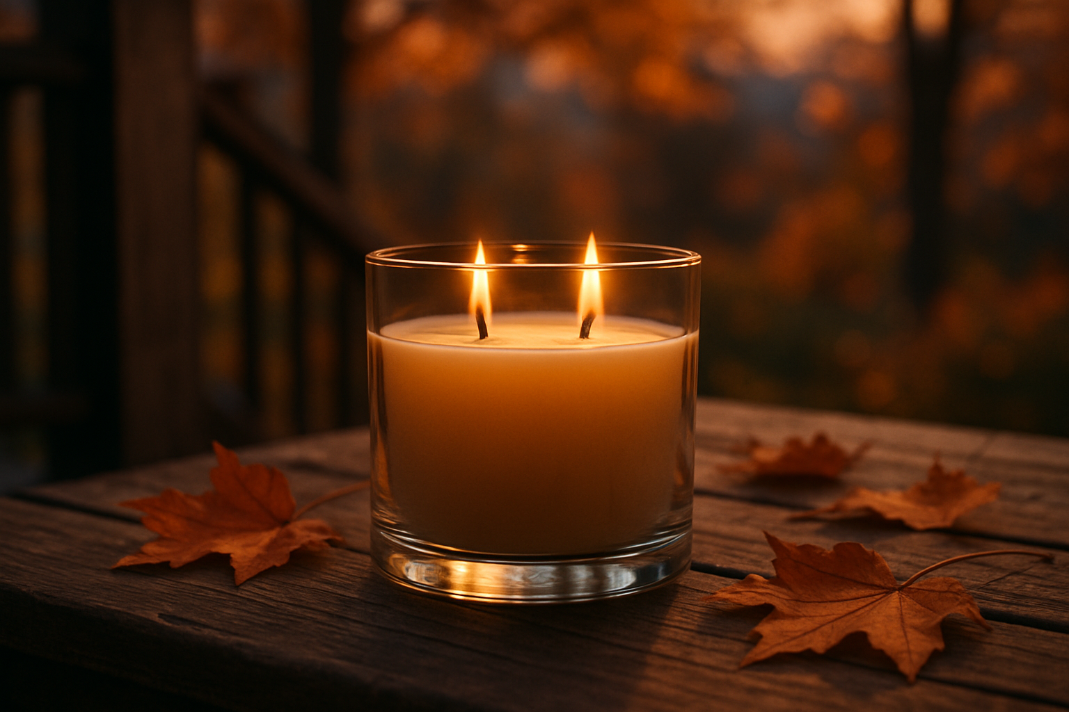 clear glass 2 wick candle on a porch table on fall evening 