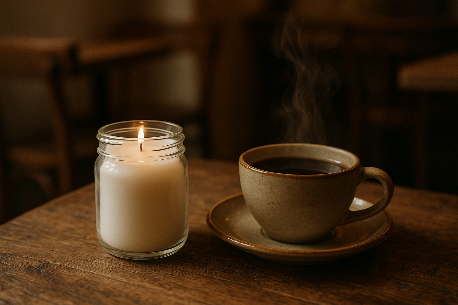  white candle in a glass jar not burning next to a cup of coffee steaming